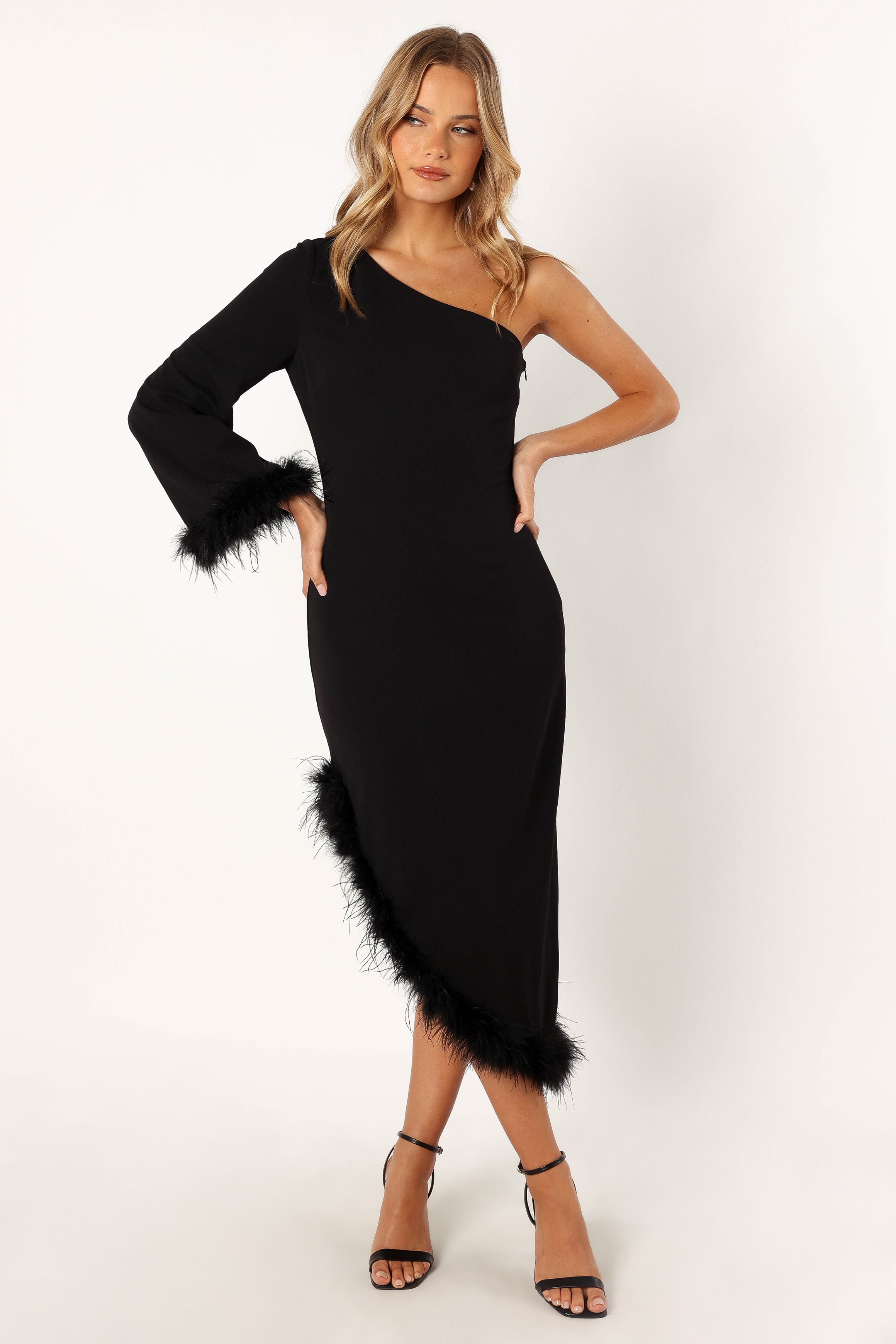Dame One Shoulder Feather Midi Dress - Black